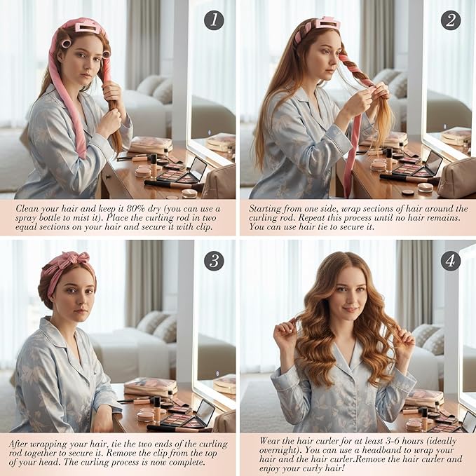 Obeoby Heatless Curls Overnight Set, No Heat Hair Curlers To Sleep In, Hair Rollers with Scrunchies and Clips for Women Long & Short Hair, pink