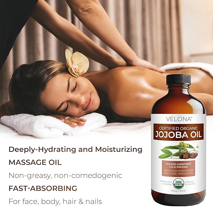 velona Jojoba Oil USDA Certified Organic - 16 Fl Oz in Glass Bottle | 100% Pure and Natural | Golden, Unrefined, Cold Pressed, Hexane Free | Moisturizing Face, Hair, Body, Skin Care