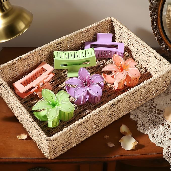 Flower Hair Clips for Women Square Claw Clips for Girls 2 Styles Hair Claw Clips for Thick or Thin Hair 6 PCS Hawaiian Hibiscus Rectangle Large Plumeria Medium Hair Accessories for Women (Purple)