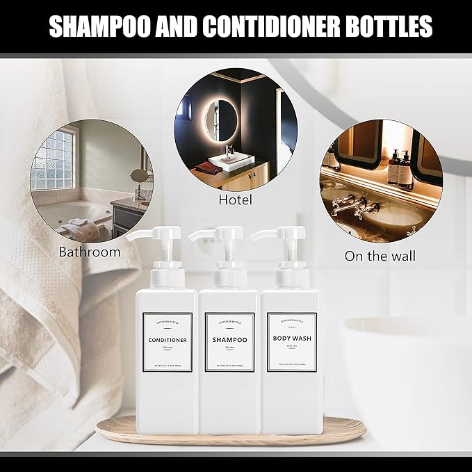 16.9oz Set of 3 White Shower Dispensers with Labels, Refillable for Shampoo, Conditioner, Body Wash