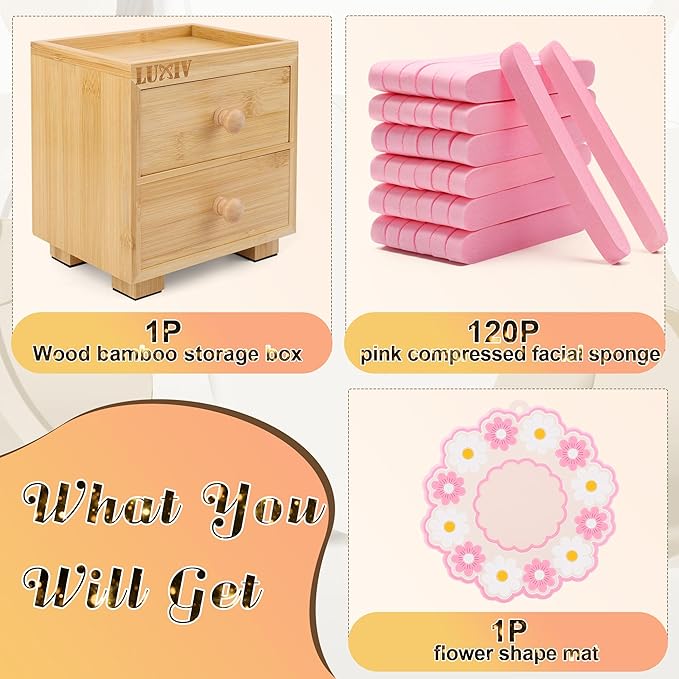 Luxiv 120 Pcs Facial Sponge Compressed with Bamboo Storage Box, Face Cleansing Sponge for Estheticians Round Compress Makeup Facial Sponge with 2 Layer Wood Drawer Storage Box, Mat