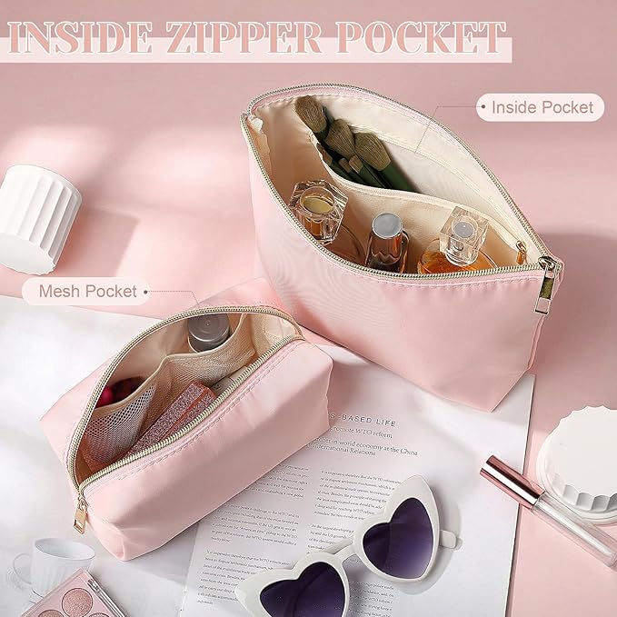 Kigeli 2 Pcs Nylon Makeup Bag Set for Women Wedding Favors Cosmetic Bag with Interior Pockets Preppy Cute Purse Pouch Pencil Case Makeup Brushes Storage Organizer for Travel Toiletry Bags(Pink)