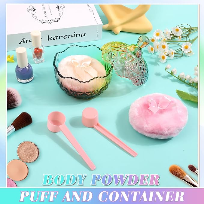 Coolrunner 5PCS Body Powder Puff and Container, Crystal Clear Powder Container with Powder Spoon, Dusting Powder with Puff for Women, Washable Reusable
