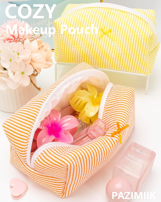 PAZIMIIK 6PCS Cozy Makeup Bag Small Aesthetic Travel Zipper Cosmetic Pouch for Women Make Up Beauty Accessories Brushes, Stripe Orange