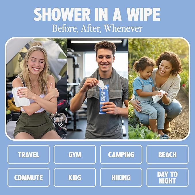 HyperGo XL Single Body Wipes for Women & Men – 12" x12" Rinse-Free Full Body Cleansing 30 Count Pack - Mint | Biodegradable, Hypoallergenic, Aloe-Infused | Gym, Festival, Camping Essentials