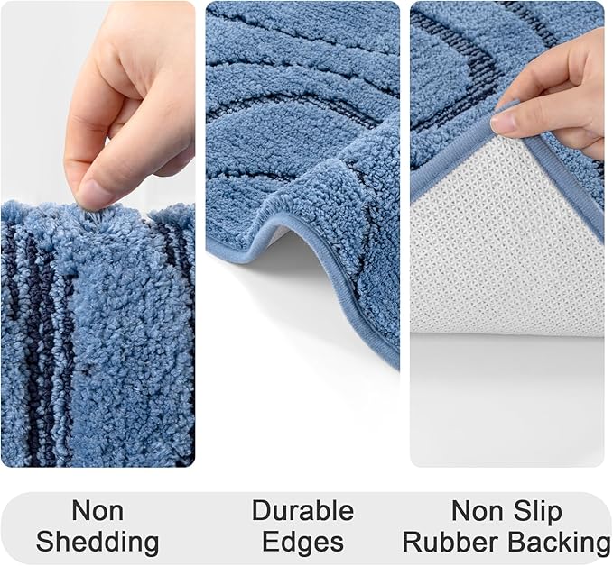 HEBE Bathroom Rugs Sets 5 Piece, Soft Absorbent Microfiber Bath Mat for Bathroom, Non Slip Washable Bath Rug Set with Toilet Cover, Bath Runner and U-Shaped Contour Toilet Rug, Dark Blue