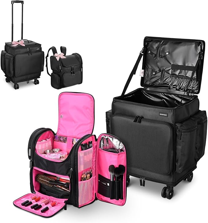 BYOOTIQUE Rolling Makeup Train Case with Backpack Travel Cosmetic Bag, Pink