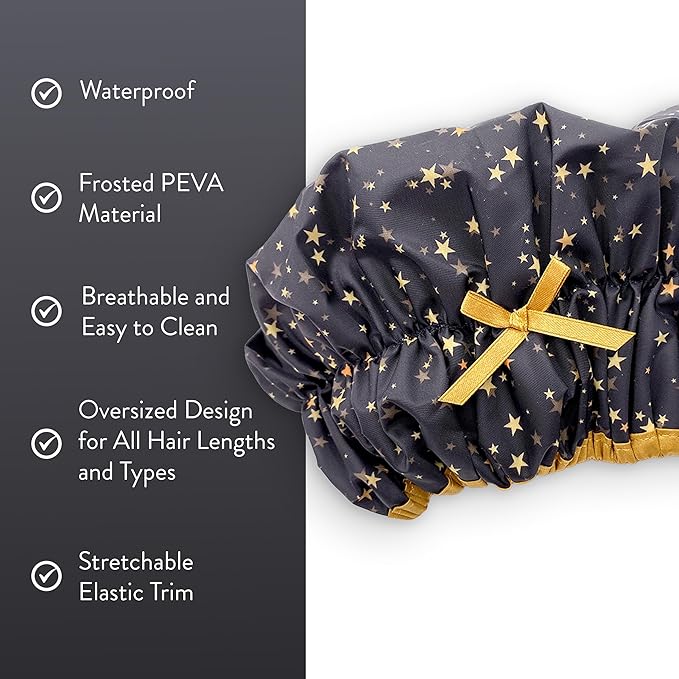 Reusable Shower & Bath Cap & Lined, Oversized Waterproof Shower Caps Large Designed for all Hair Lengths with PEVA Lining & Elastic Band Stretch Hem Hair Hat - Fashionista Starry Nights