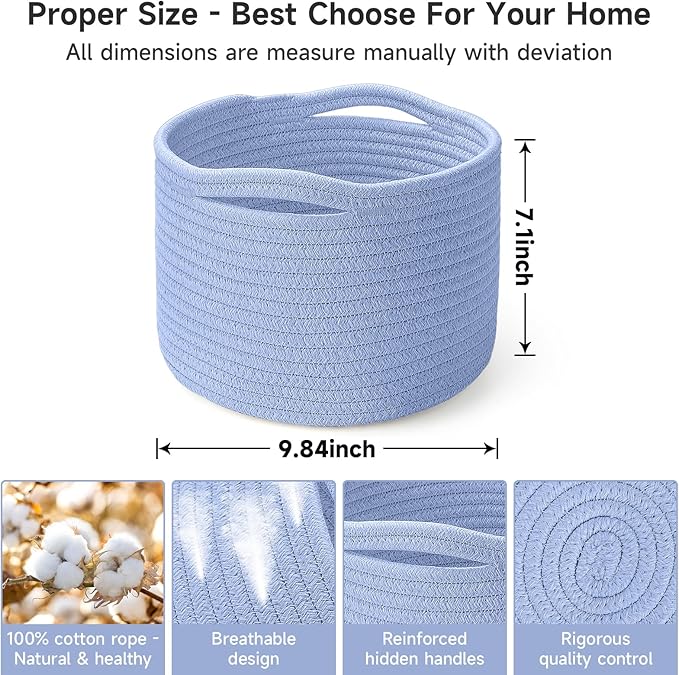 Small Rope Baskets for Storage, Baskets for Gifts Empty, Cute Round Woven Basket, Decorative Shelf Baskets 9.82×9.82×7.1", Cotton Toy Basket Storage Bins for Organizer 3 Packs-Skyblue