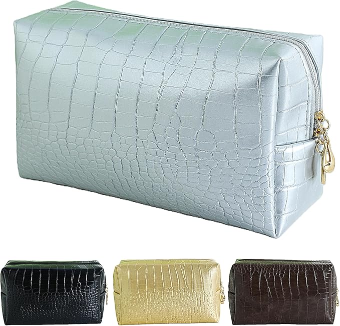 Makeup Bag for Purse, Compact Toiletry Pouch, Crocodile-Embossed Cosmetic Travel Bag, Small Makeup Pouch, Unisex Toiletry Travel Bag