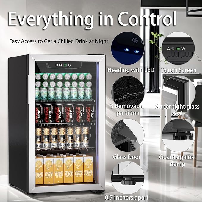 3.0 Cubic Feet/105 Can Beverage Refrigerator,28 Inch Fridge with Adjustable Shelve & LED Display for Soda Beer or Wine, Drink Refrigerator for Home Bar Office(Silver)