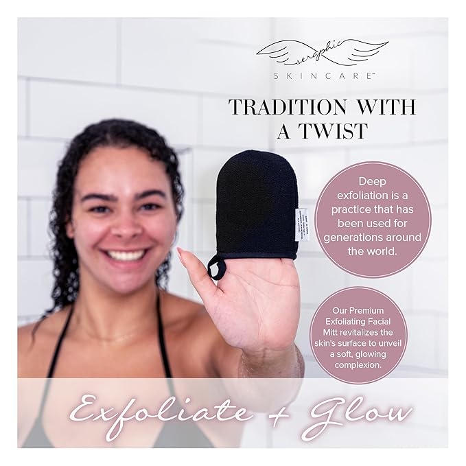 Seraphic Skincare Premium Exfoliating Facial Mitt (2pc) – Dual-Sided Face Scrubber Exfoliator & Dead Skin Remover, Makeup Remover for Gentle Cleansing & Exfoliation – Korean Face Exfoliating Glove