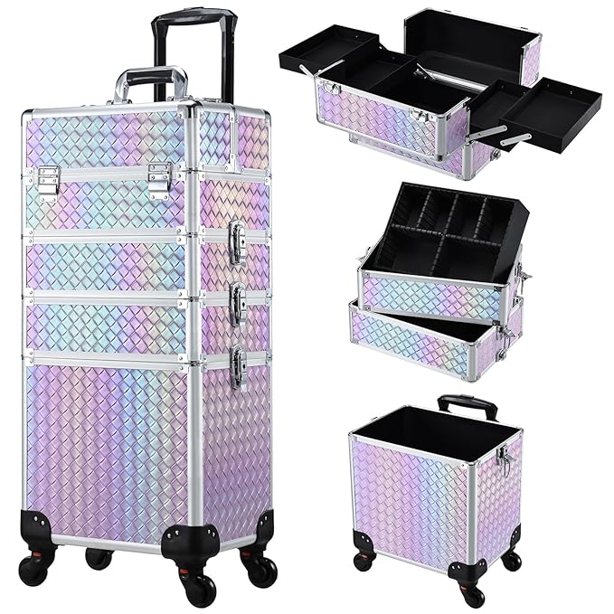 Stagiant Rolling Makeup Case Cosmetology Case on Wheels 4 in 1 Makeup Travel Case Extra Large Cosmetic Box with Key Make Up Artist Traveling Storage Nail Case Salon Barber Cart Trunk Pinkish Purple