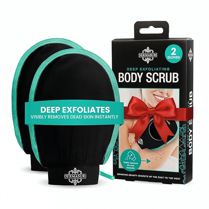 Dermasuri - Deep Exfoliating Glove for Shower - Scrubbing Mitt Body Scrubber Gloves - Korean Skin Cleaner Exfoliator - Dead Skin Buffing Treatment - Keratosis Pilaris Scrub Remover - (2 Pack)