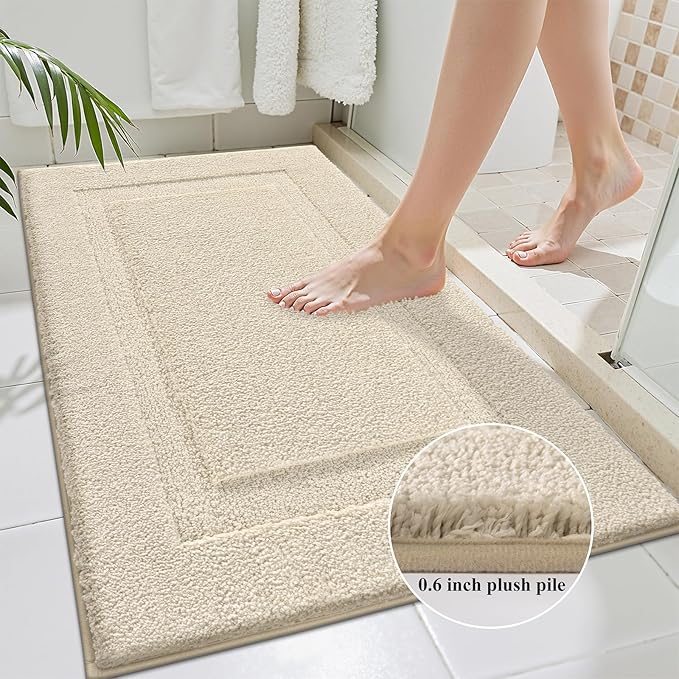 SHACOS Soft Fluffy Bathroom Runner Rugs Set of 3 Bath Mats with U Shape Toilet Rugs Non Slip Washable Bath Rugs Absorbent Bathroom Carpet for Shower Tub, Light Beige