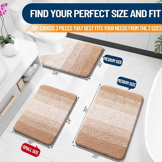 OLANLY Bathroom Rug Set 2 Piece, Soft Absorbent Microfiber Bath Rug Set, Non-Slip, Machine Wash Dry, Plush Shaggy Bath Mats for Bathroom (30"x20"+24"x16", Beige)