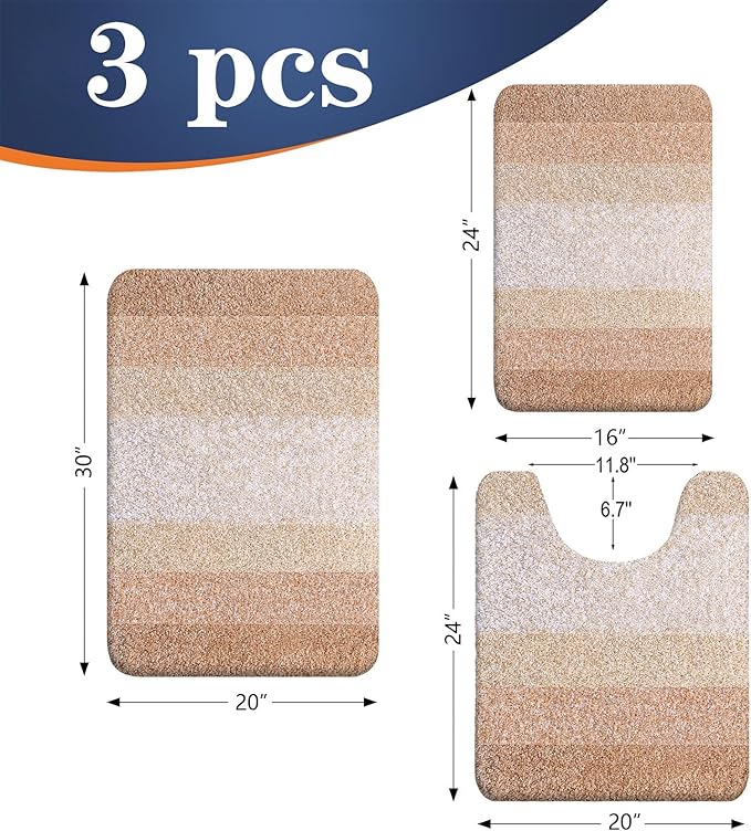 OLANLY Bathroom Rugs Sets 3 Piece, Soft Absorbent Microfiber Bath Mats and U-Shaped Contour Toilet Rug, Plush Shaggy Bath Mat Set for Bathroom (30"x20"+24"x16"+24"x20", Beige)