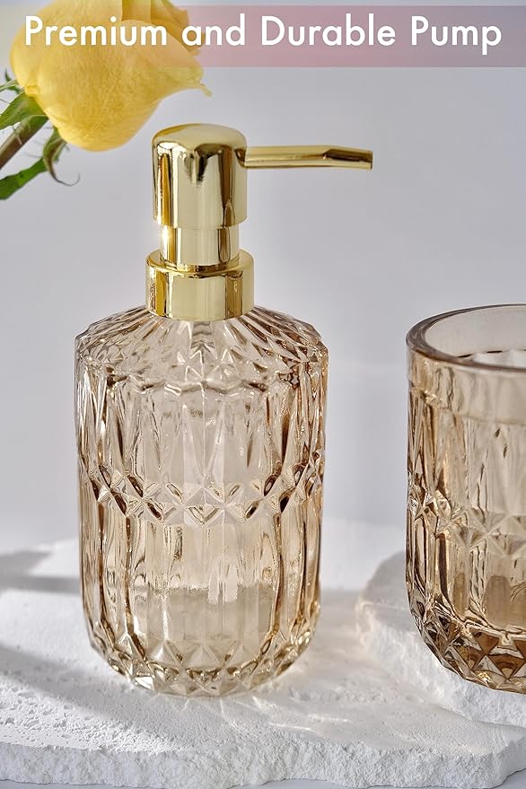Brown Bathroom Accessories Set, 5Pcs Clear Glass Bathroom Accessories, Lotion Soap Dispenser, Toothbrush Holder Set, Soap Dish, Qtip Holder, Tumbler for Vintage Bathroom Decor, Gift Set