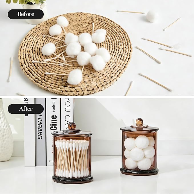 LEORAY 2 Pack Glass Qtip Holder Dispenser with Lids, Airtight Waterproof, 16 Oz Vanity Organizer Bathroom Canisters for Cotton Swabs, Balls, Pads, Floss Picks, Restroom Kitchen Storage Jars, Amber