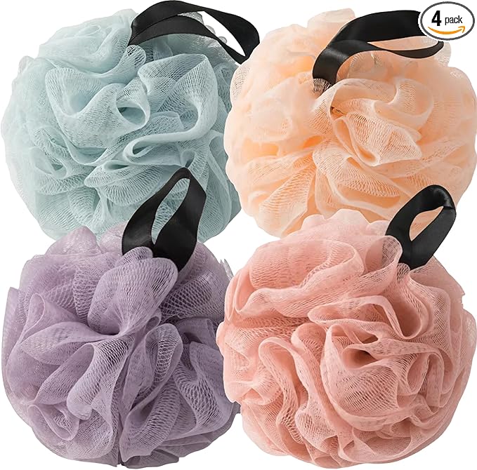 Loofah Sponges for Shower,Exfoliating Cleaning Bath Loofa Body Scrubber Balls for Women Men Washing,Vibrant Mix 4 Pack - Blue, Orange, Purple & Pink