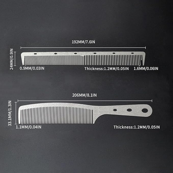 2 Pcs Metal Comb, Stainless Steel Fine Tooth Comb, Unbreakable Teeth Design, Anti Static comb, Heat Resistant, Professional Barber Comb Set, hair combs for men, Wood Grain Design