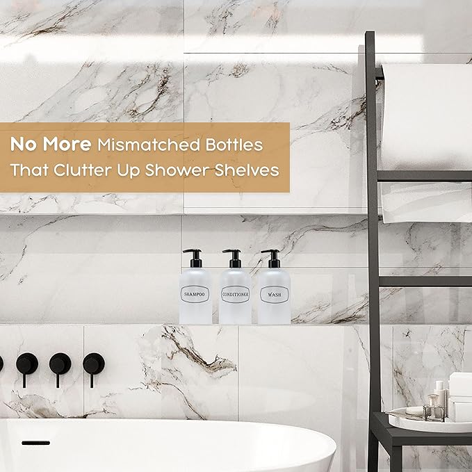 16 oz Shampoo, Conditioner, Wash Refillable Empty Plastic Pump Bottle Dispenser Set (Frosted Clear)