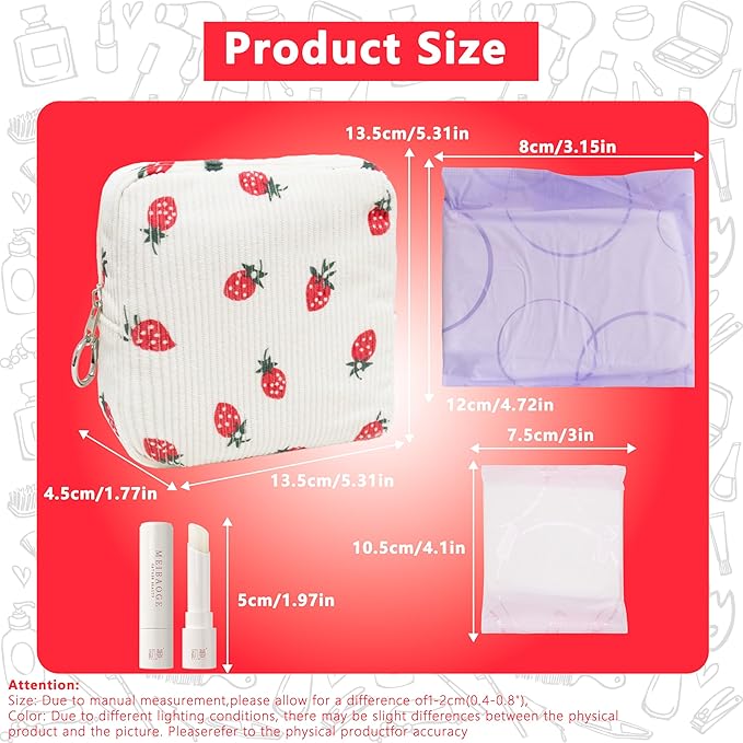 Period Bag for Girls, Corduroy Sanitary Napkin Storage Bag, Period Pouch & Tampon Holder, Feminine Care Organizer（Strawberry）