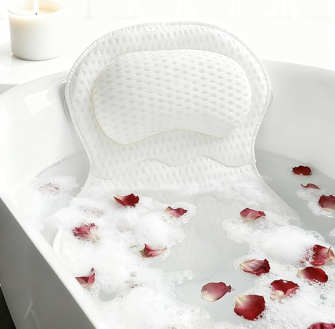 Bath Pillows for Tub Luxury, Bath Pillow for Head and Neck, Fit Bathtub Hot Tub Relaxing Gifts for Women, Comfort 4D Air Mesh Fabric & 6 Non-Slip Suction Cups (White)
