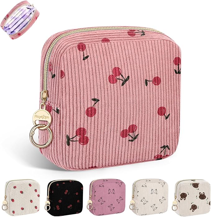 Cute Period Bag for Teen Girls, Corduroy Sanitary Napkin Storage Bag, Menstrual Pad Pouch Tampon Holder for Purse (Cherry-Pink)