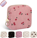 Cute Period Bag for Teen Girls, Corduroy Sanitary Napkin Storage Bag, Menstrual Pad Pouch Tampon Holder for Purse (Cherry-Pink)