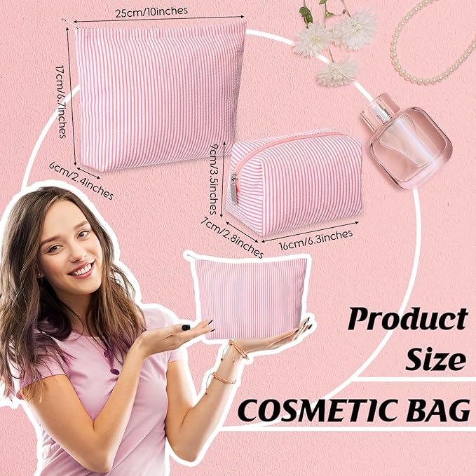 2 Pcs Makeup Bag Set Cute Cosmetic Pouch for Women Seersucker Travel Toiletry Bag Preppy Small Makeup Purse Pouch Aesthetic Skincare Brushes Storage Organizer for Valentine Women(Rose Pink)