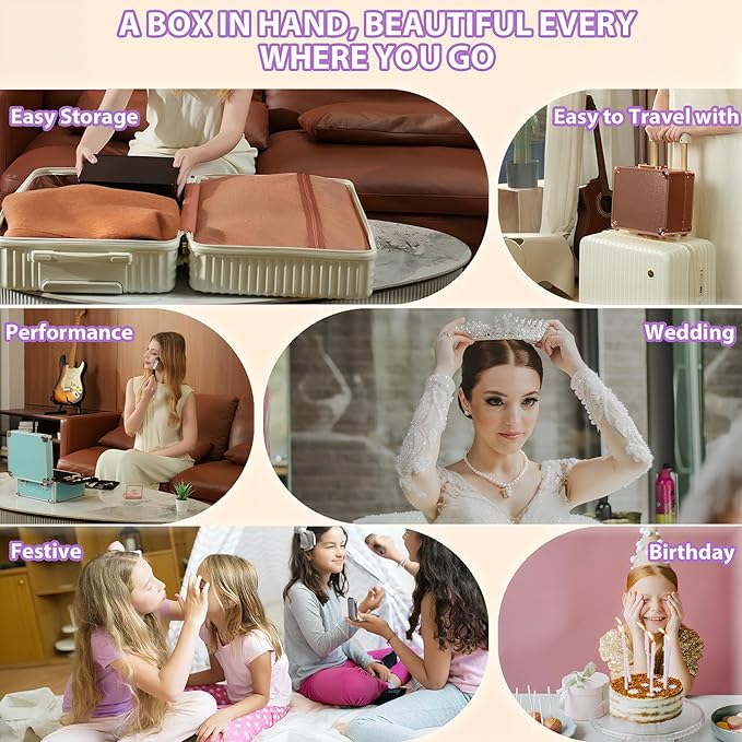 Makeup Organizer Box with Detachable Lighted Mirror, Travel Train Cosmetic Case, Adjustable Divider Storage Bag, Portable Artist Storage Suitcase with Magnetic LED Mirror - Star White