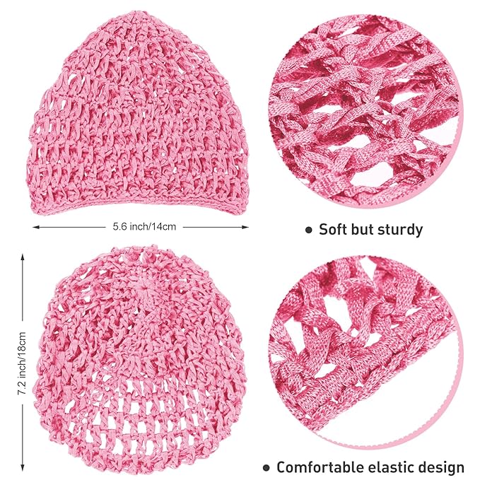 Geyoga 4 Pieces Mesh Crochet Hair Net Rayon Knit Snood Hat Thick Short Women Hairnet Snoods Cover Ornament for Sleeping (Pink)