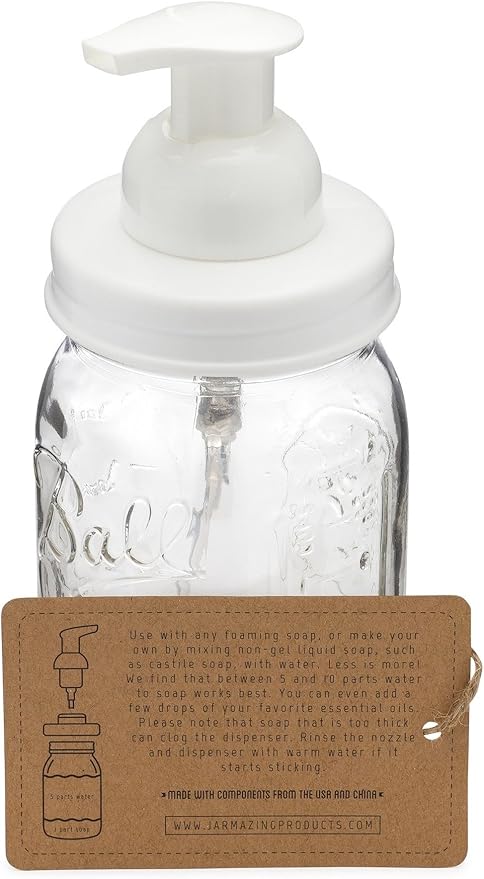 Jarmazing Products Mason Jar Foaming Soap Dispenser – White – with 16 Ounce Ball Mason Jar - One Pack!