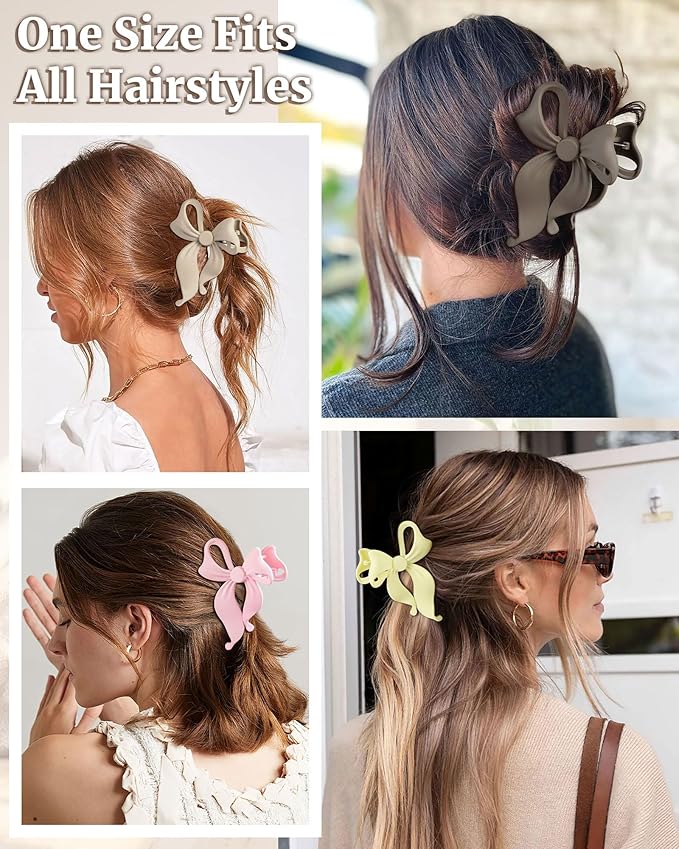 Mesovor 4 Pack Cute Bow Claw Clip for Women, Nonslip Large Matte Strong Hold Bows Hair Clips for Thin and Thick Hair | Chic Hair Styling Accessories (4.1" Khaki, Brown, Beige, Pink)