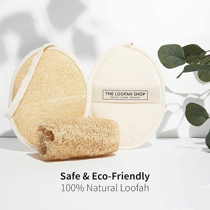 Bath Loofah Sponge, Exfoliating Body Scrubber, Shower Luffa for Men, Women and Kids Made of Eco-Friendly Natural Egyptian Loofah with Cotton Travel Pouch, 7" x 5.25" (2pack 4pcs)