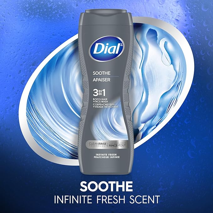 Dial Men 3 in 1 Body, Hair and Face Wash, Soothe, 16 Fl Oz, Pack of 4, Infinite Fresh Scent, Cleanses Deep + Gentle on Skin with Clean Rinse Technology