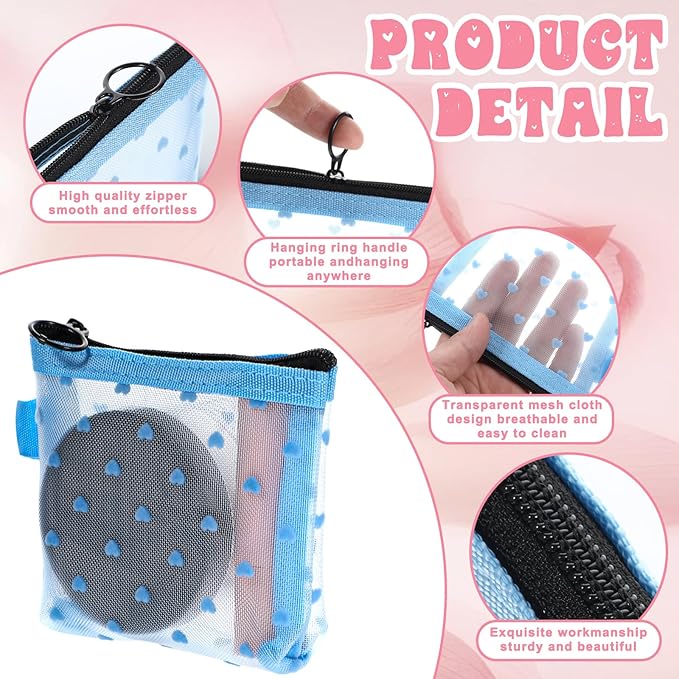 3Pcs Mini Cosmetic Bags, Heart Print Mesh Zipper Bags, Lipstick Accessories Organizer, Makeup Bag for Women, Small Purse Bag, 3 Colors, Style 5