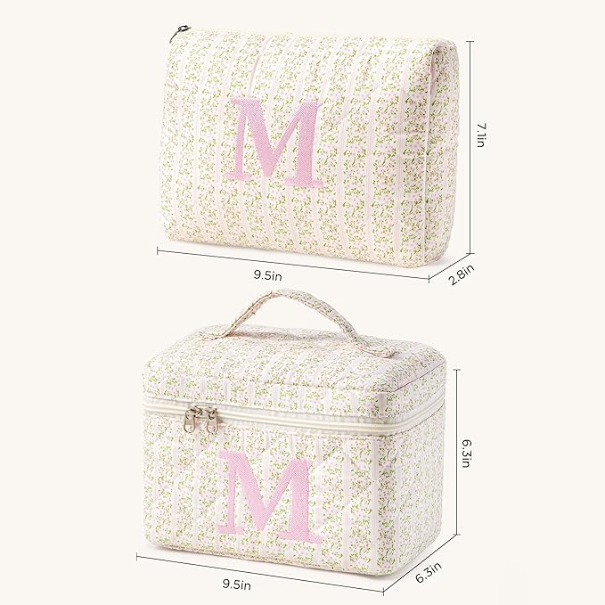 HBselect 2Pcs Initial Quilted Makeup Bag, Pink Cosmetic Travel Toiletry Bag, Flowers Coquette Zipper Make Up Pouch Organizer Teen Girl Gift Trendy Stuff M