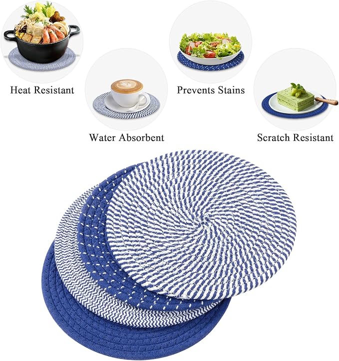 SHACOS 10 Inches Trivets for Hot Dishes, 4 Pieces Cotton Trivets Mats for Kitchen, Hot Pads for Countertops and Table, Heat-Resistant Pot Holders for Hot Pots and Pans(Deep Blue, 4pcs)