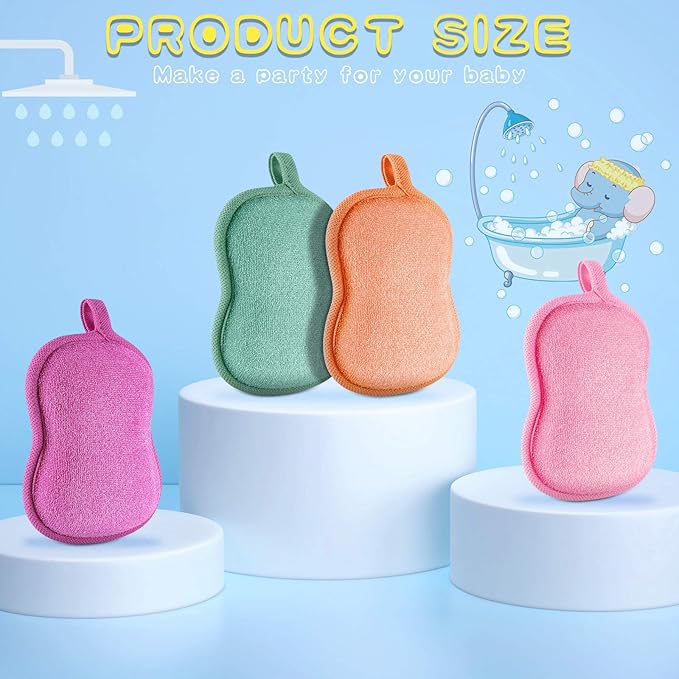 Tatuo 4 Pieces Baby Bath Sponge Cotton Baby Sponge Toddler Soft and Absorbent Loofah for Kids Babies Men Women(Red, Purple, Green, Orange)