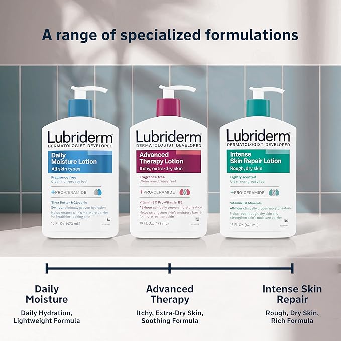 Lubriderm Fragrance Free Daily Moisture Lotion + Pro-Ceramide Shea Butter & Glycerin Face Hand & Body Lotion for Sensitive Skin Hydrating 24 Hour Moisturizer Healthier-Looking Skin 24 fl.Oz Pack of 3