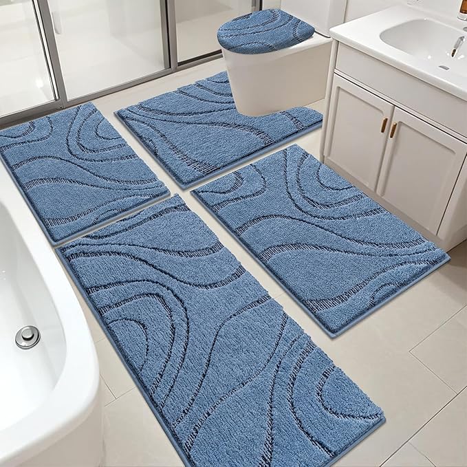 HEBE Bathroom Rugs Sets 5 Piece, Soft Absorbent Microfiber Bath Mat for Bathroom, Non Slip Washable Bath Rug Set with Toilet Cover, Bath Runner and U-Shaped Contour Toilet Rug, Dark Blue