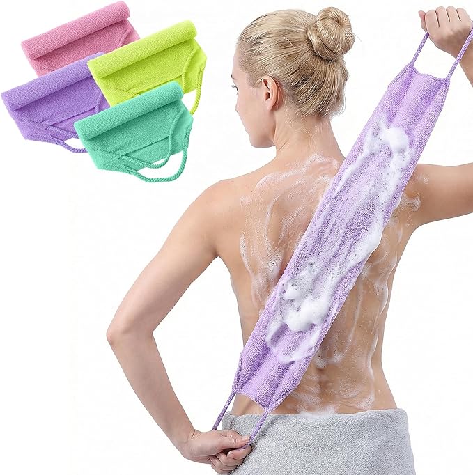 4Pcs Exfoliating Back Scrub, 4 Colores Extended Length Body Scrubber Cloth Towel for Shower Nylon Stretchable Bath Pull Strap for Body Cleans Skin Massages