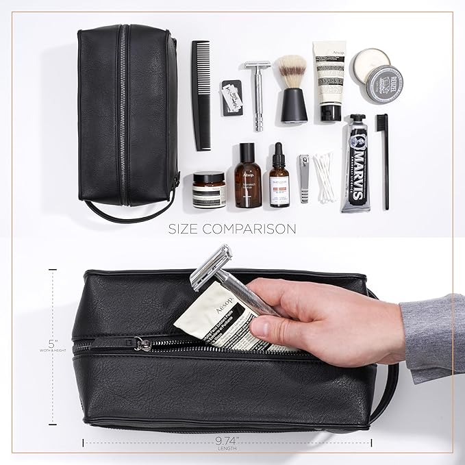 Mens Leather Toiletry Bag – Travel Dopp Kit, Shaving Bag, Grooming & Hygiene Organizer, Leather Toiletry Bag for Men, Gift for Him