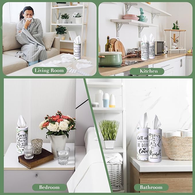 Outus 12 Pcs Greenery Christian Car Tissues Cylinder Holder with 3 Ply Facial Tissue Bulk Eucalyptus Leaves Religious Tissue Holder Travel Tissues Boxes Container for Home Wedding Party Supplies