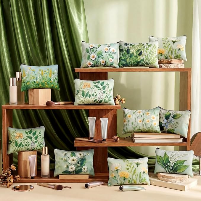 Sweetude 12 Pcs Spring Flower Makeup Bag Bulk Green Portable Travel Cosmetic Bags with Zipper Green Plant Floral Waterproof Roomy Travel Beauty Toiletry Organizer Storage Pouch for Women Spring Gifts