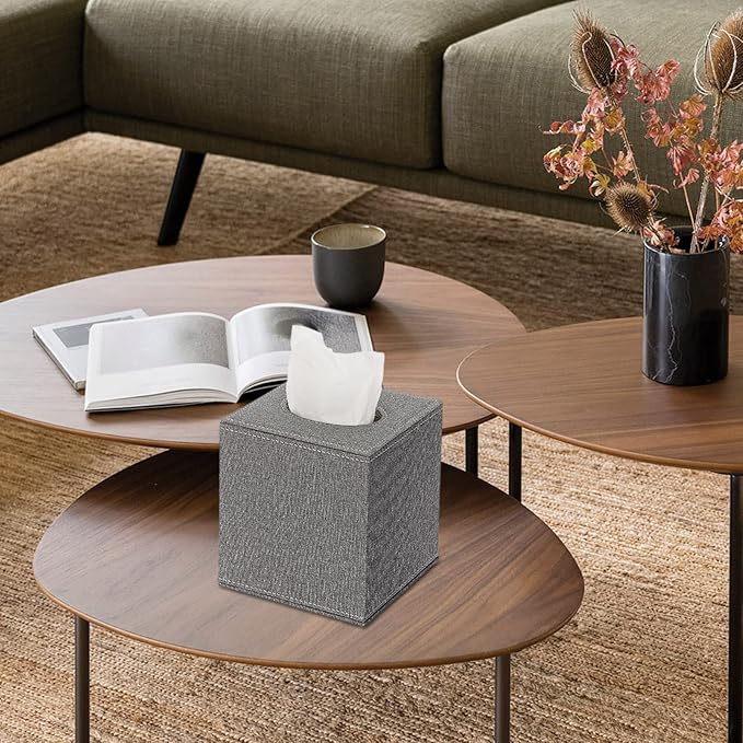 Sumnacon Square Linen Tissue Box Cover - Stylish Cube Tissue Box Holder with Magnetic Bottom, Decorative Tissue Box for Vanity Toilet Dresser Night Stand Table Countertop Home Office Car, Grey