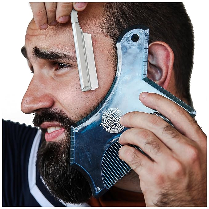Monster&Son Beard Shaping Tool For Men - Classic Oversized Design (Blue Clear) - Lineup Stencil Shaper for Styling and Shaping - Alignment Guides for Perfect Symmetry