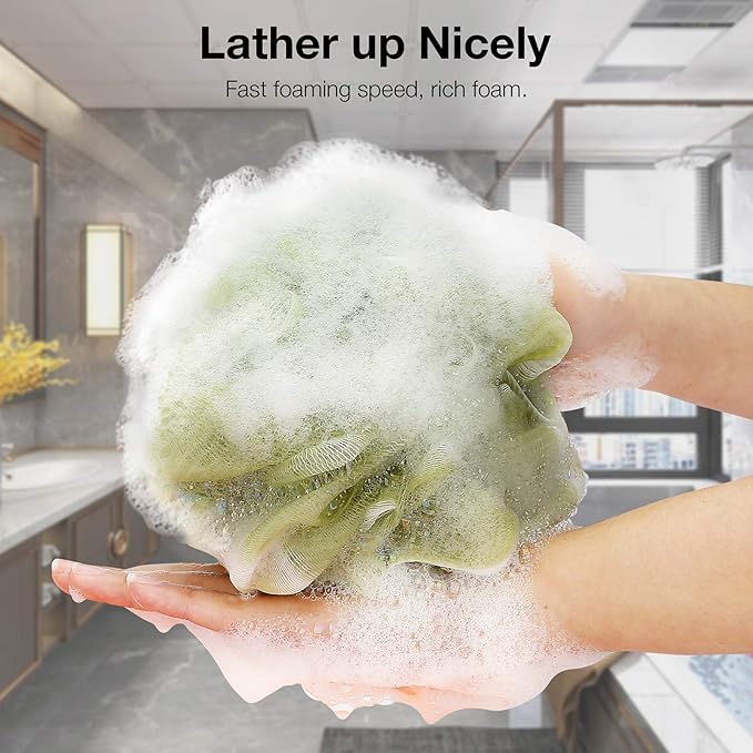 Bath Shower Loofah Sponge 60g Bath Mesh Pouf Shower Ball Body Scrubber Exfoliating Bath Sponge for Women and Men, Set of 4, Black (Loofah-Medium, Army Green)
